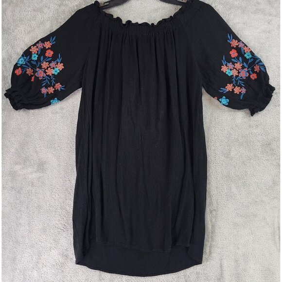 Staccato Shirt Womens Small Black Ruffled Floral Embroidered Boho Tunic Blouse - Picture 2 of 11